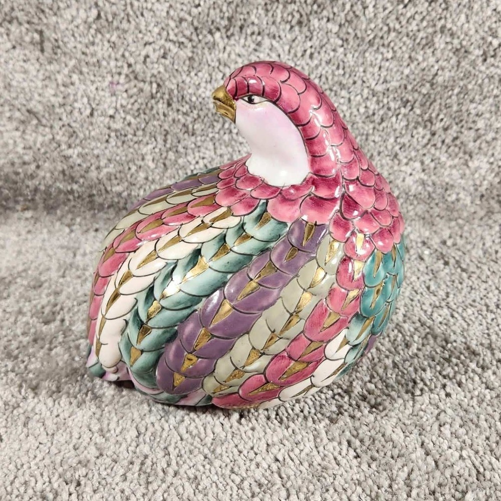 Bird Figurine Porcelain Quail Small Decor Pink Teal Gold Vintage Handpainted